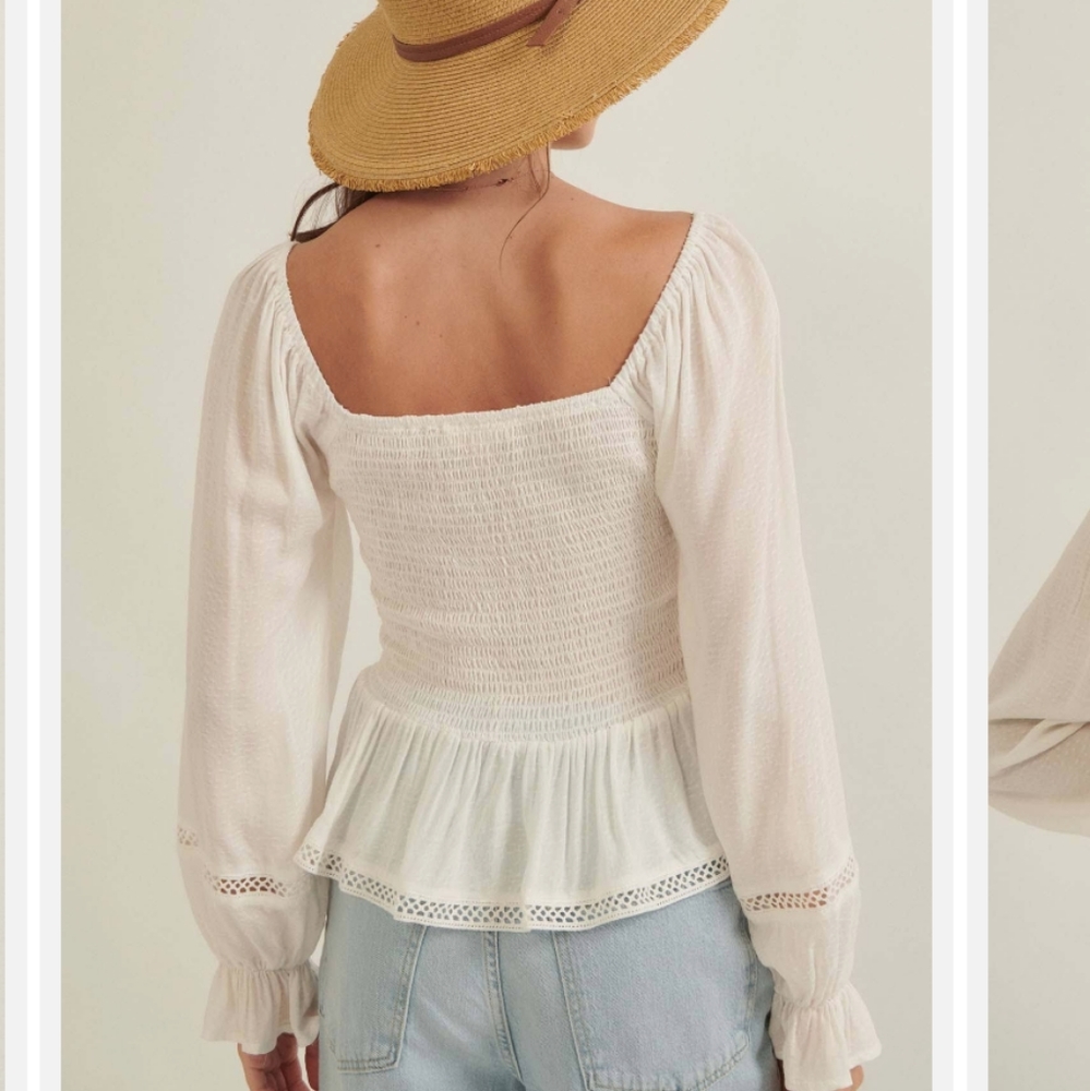 NWT Lizard Thicket Big Waterblue Sky Ivory Delicate Smocked Billow Sleeve Top - Picture 2 of 16